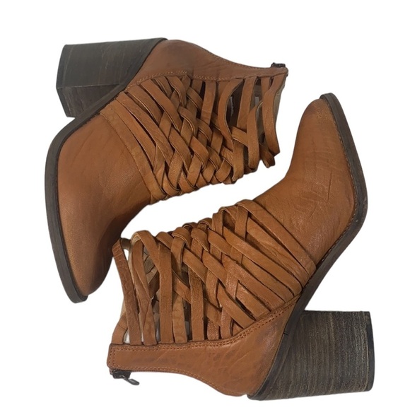 - Free People Brown Distressed Leather Carrera Criss-Cross Stacked Heel Bootie - Picture 6 of 10